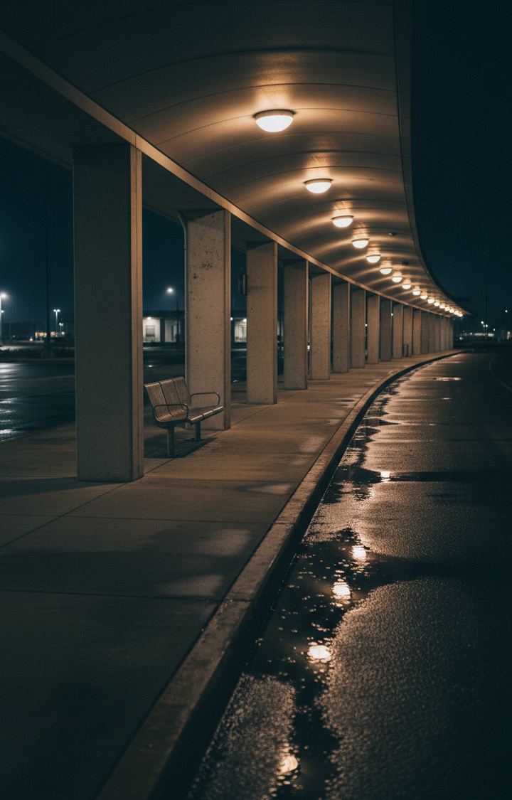 Empty covered curb at night with dome lights, square columns, a metal bench and wet pavement