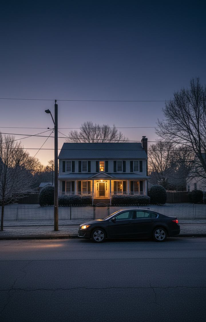 Dark sedan with headlights on at the curb before dawn outside a frosty two story house with a lit porch