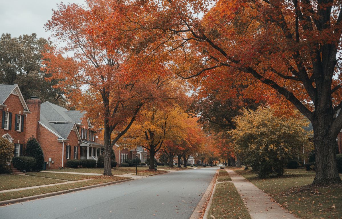 Quiet residential street with red brick houses and dark shutters under trees in bright orange and red autumn color