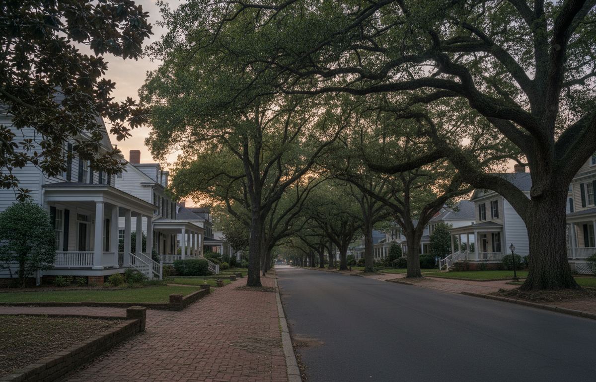 Street of white clapboard houses with columned front porches under a canopy of large oaks and a brick sidewalk
